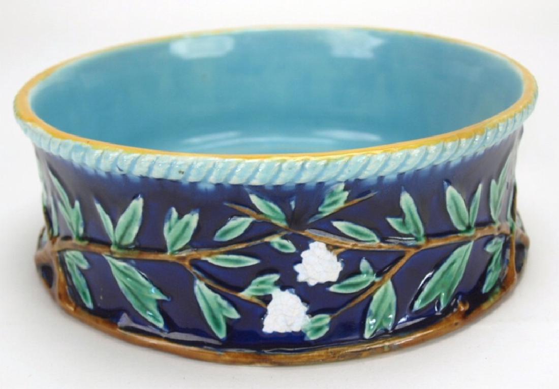 George Jones cobalt Majolica bowl with vine & floral: George Jones cobalt Majolica bowl with vine & floral motif, 8" floral motif, 8"