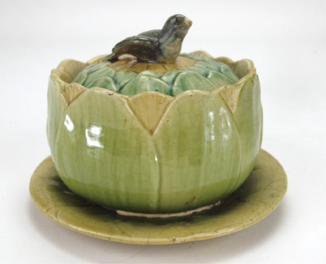 Majolica bird & artichoke covered butter dish, old: Majolica bird & artichoke covered butter dish, old repairs repairs