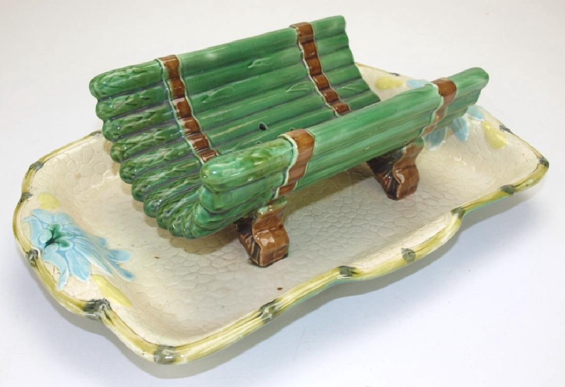 Holdcraft Majolica asparagus cradle on attached under: Holdcraft Majolica asparagus cradle on attached under tray, 13 1/2" l under tray, 13 1/2" l