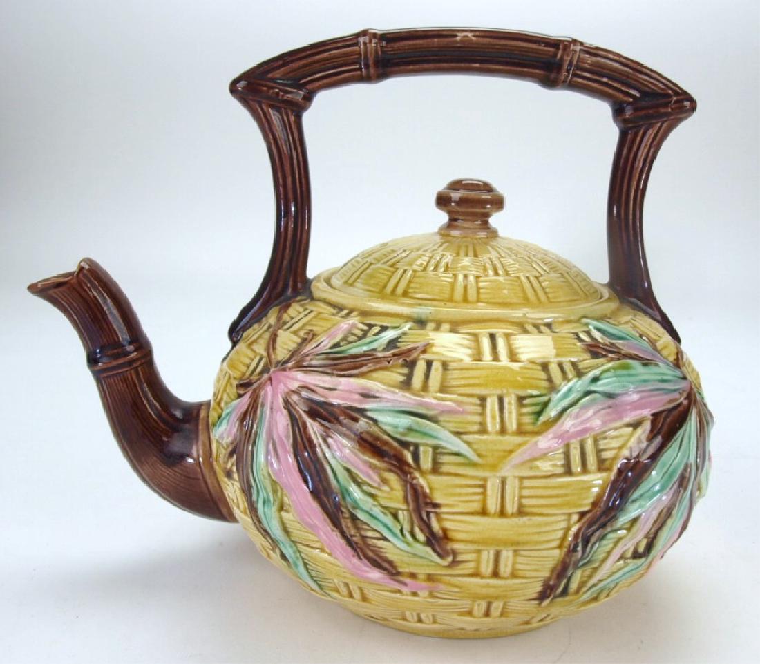 Banks & Thorley bamboo Majolica tea kettle, spout nick, (1 of 1)