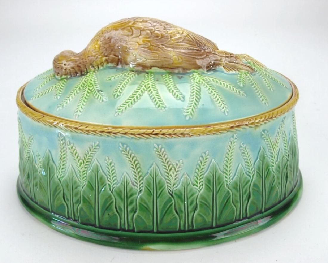 George Jones Majolica game dish with game bird on: George Jones Majolica game dish with game bird on cover, liner included, 12" cover, liner included, 12"