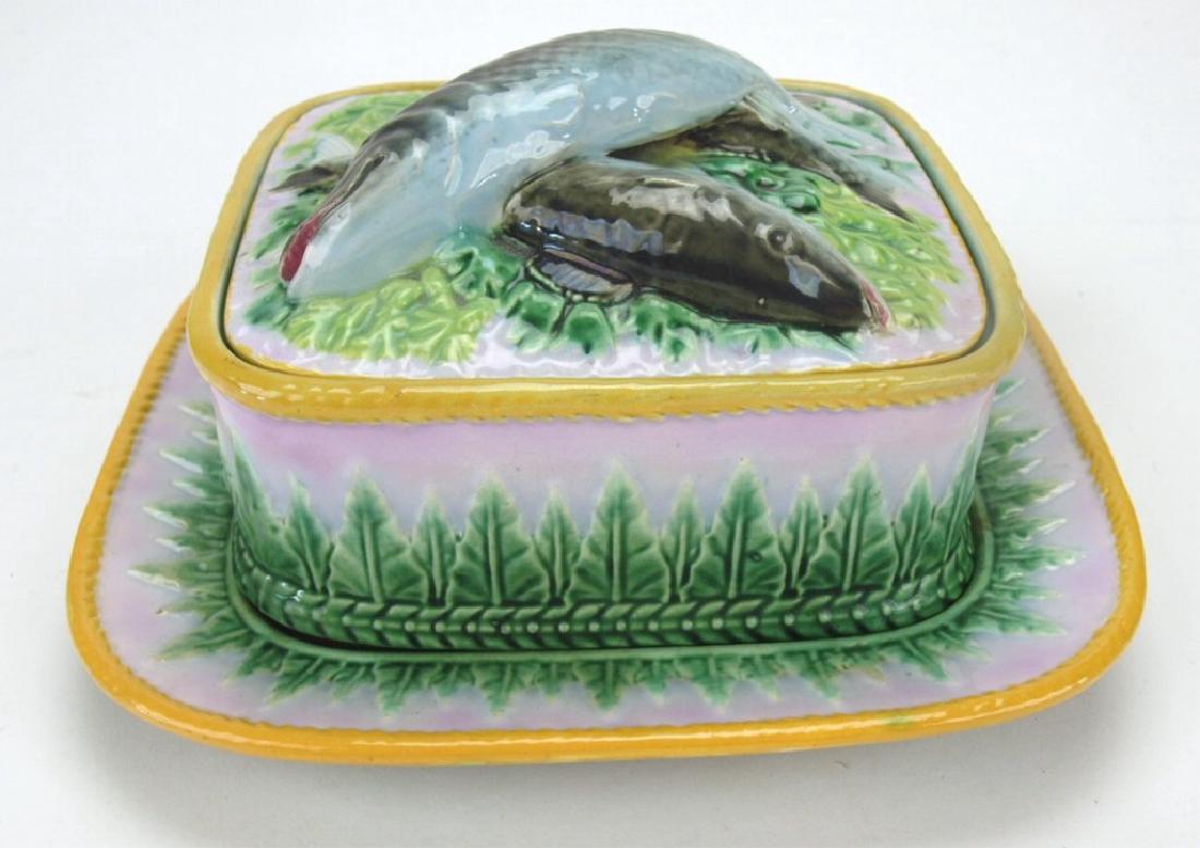 George Jones Majolica pink acanthus leaf sardine and: George Jones Majolica pink acanthus leaf sardine and stand and stand