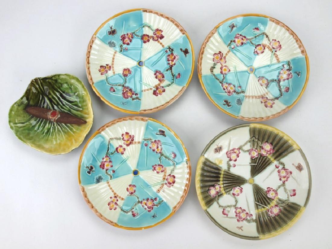 Wedgwood Majolica set of 4-6 1/2" fan plates and: Wedgwood Majolica set of 4-6 1/2" fan plates and continental cigar on leaf tray continental cigar on leaf tray