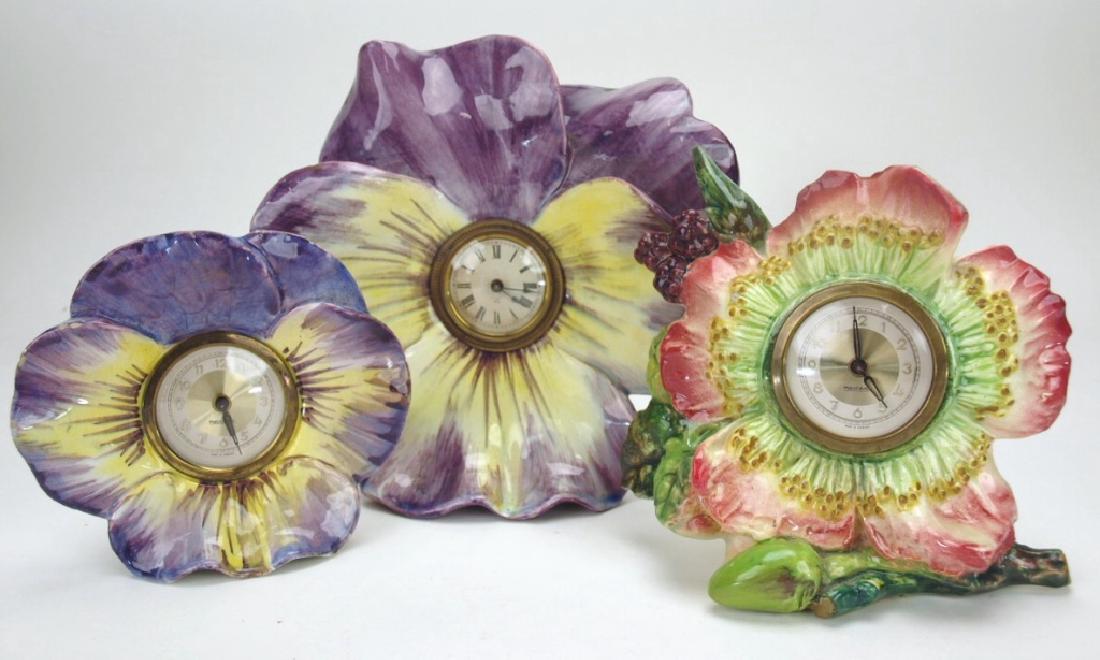 French Majolica lot of 3 floral form clocks, various (1 of 1)
