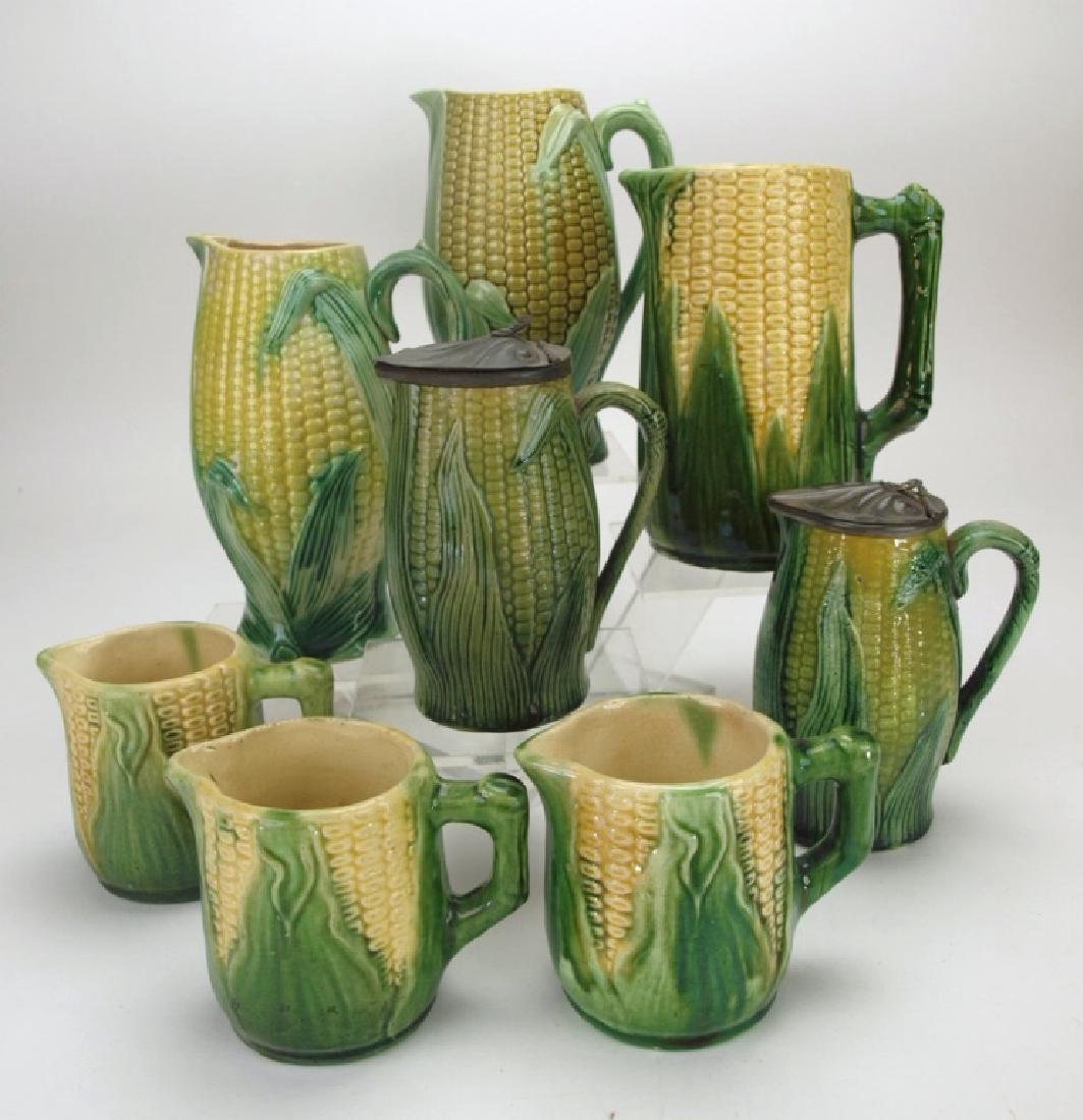Majolica corn pattern lot of 8 pitchers, various (1 of 1)