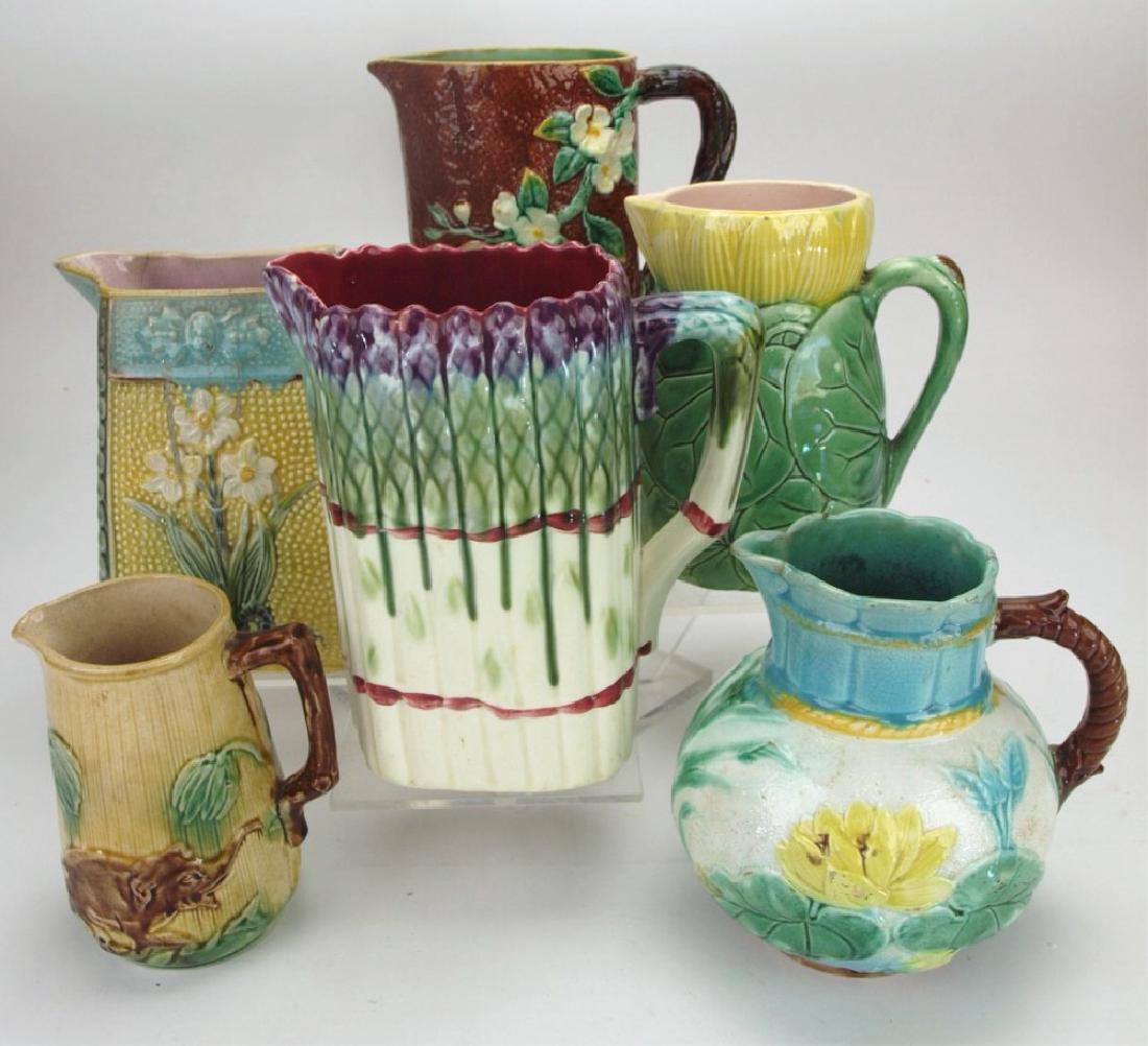 Majolica lot of 6 pitchers, various conditions: Majolica lot of 6 pitchers, various conditions