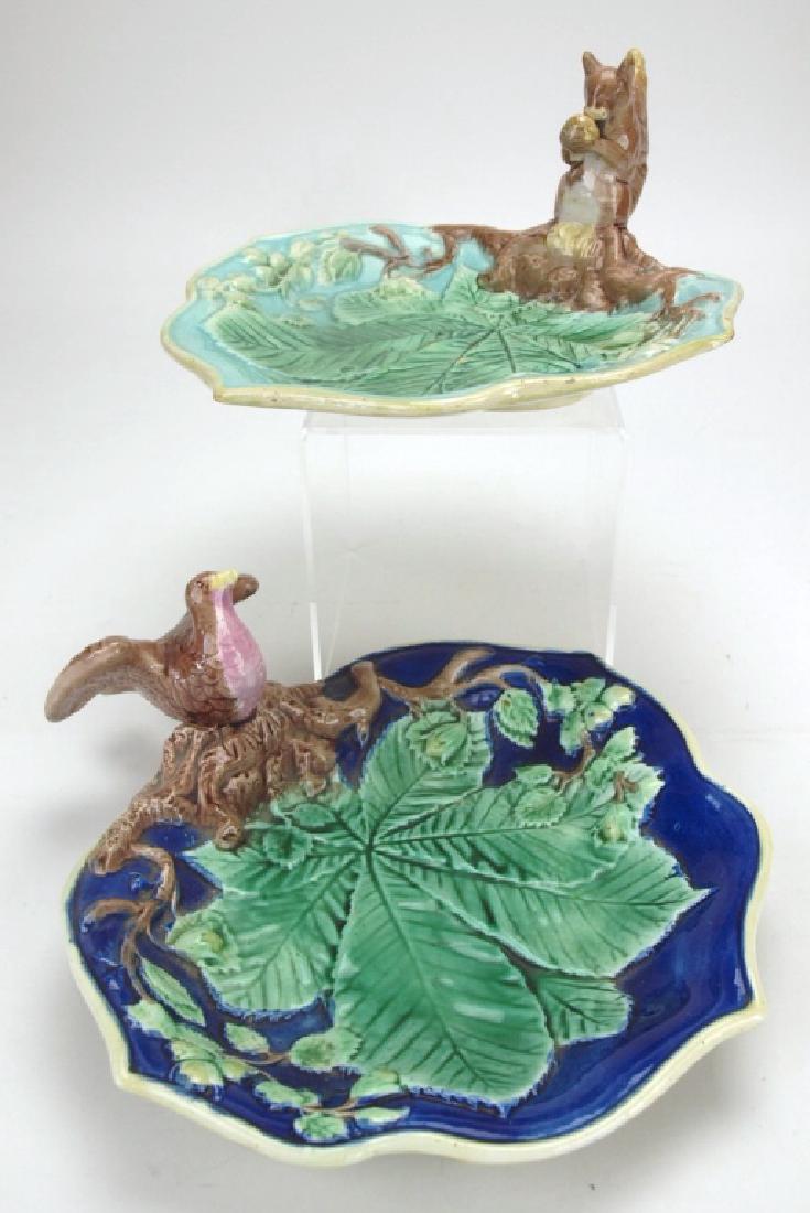 Majolica squirrel and bird trays, various conditions: Majolica squirrel and bird trays, various conditions conditions