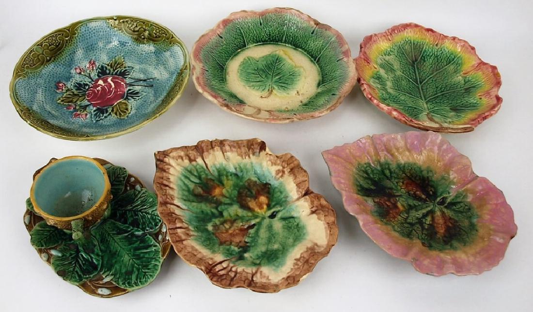 Majolica lot of 6 bowls, trays, cup & suacer, various (1 of 1)
