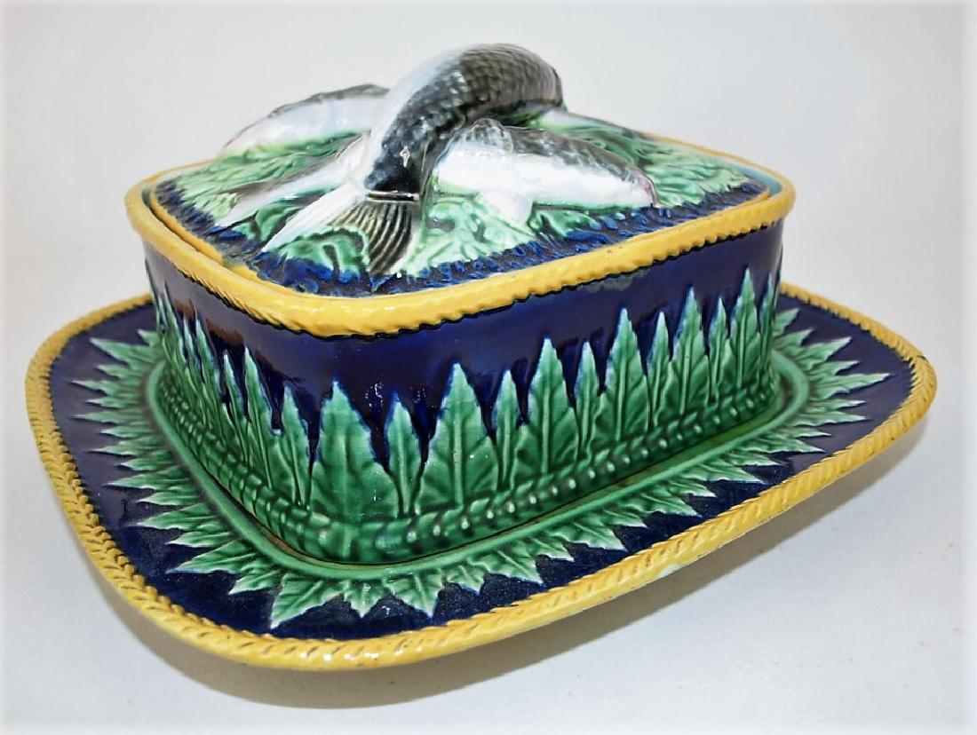 George Jones Majolica cobalt accanthus leaf sardine box: George Jones Majolica cobalt accanthus leaf sardine box and stand, hairline to box sardine box and stand, hairline to box