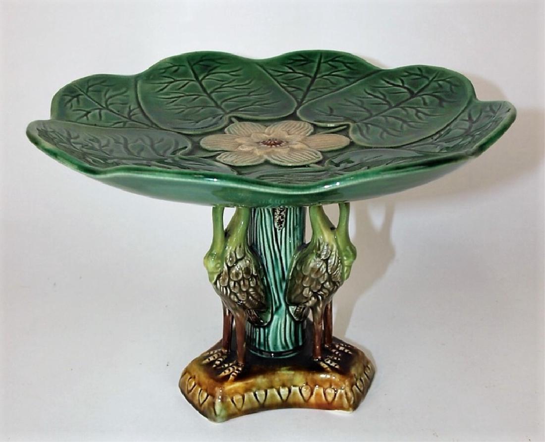 Majolica pond lily cake stand with storks on base (1 of 1)