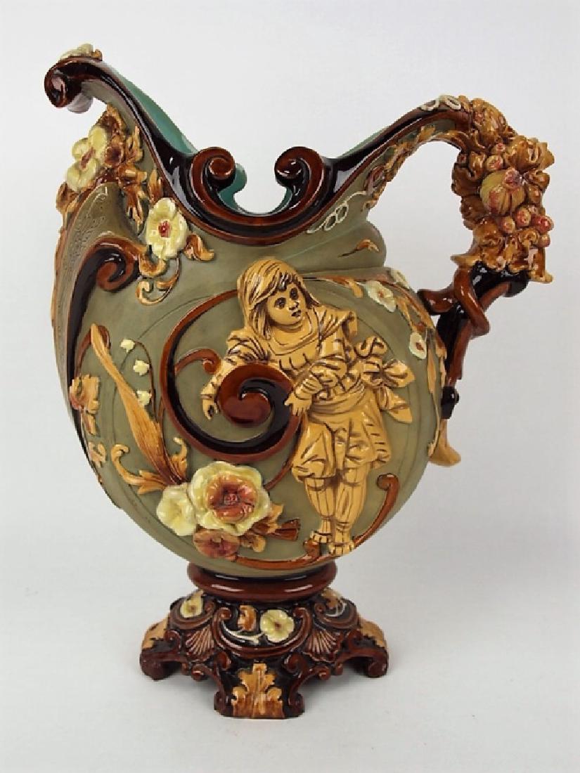 Wilhelm Schiller & Son (WS&S) Majolica large ewer with: Wilhelm Schiller & Son (WS&S) Majolica large ewer with lady, base repair with lady, base repair