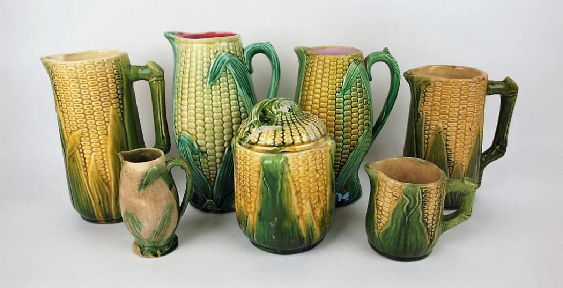 Majolica lot of 7 corn items, various conditions: Majolica lot of 7 corn items, various conditions