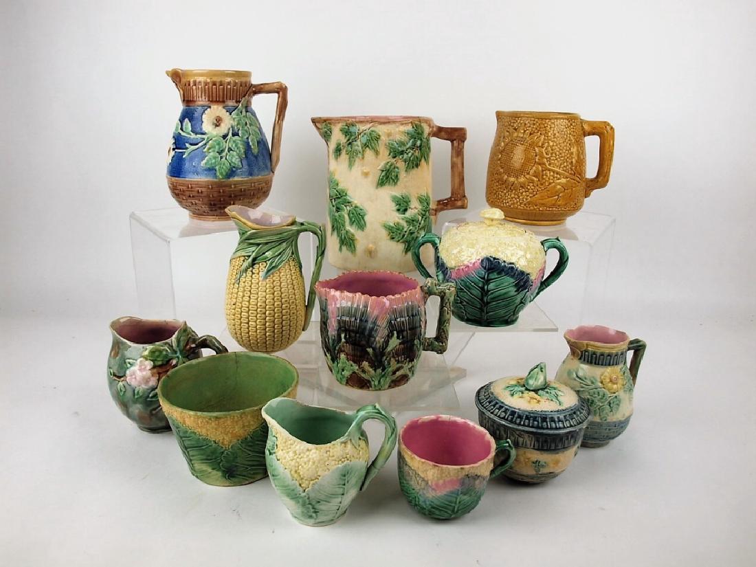 Majolica lot of 12 pitchers, sugar & waste bowl, (1 of 1)