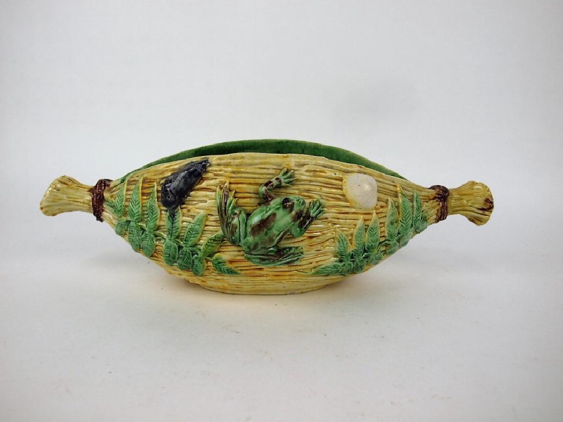 French Palissy Majolica boat planter with frog, (1 of 2)