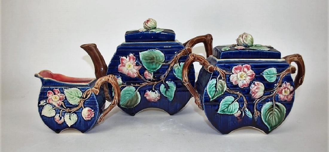 Majolica cobalt & floral flat sided 3 piece teaset (1 of 1)