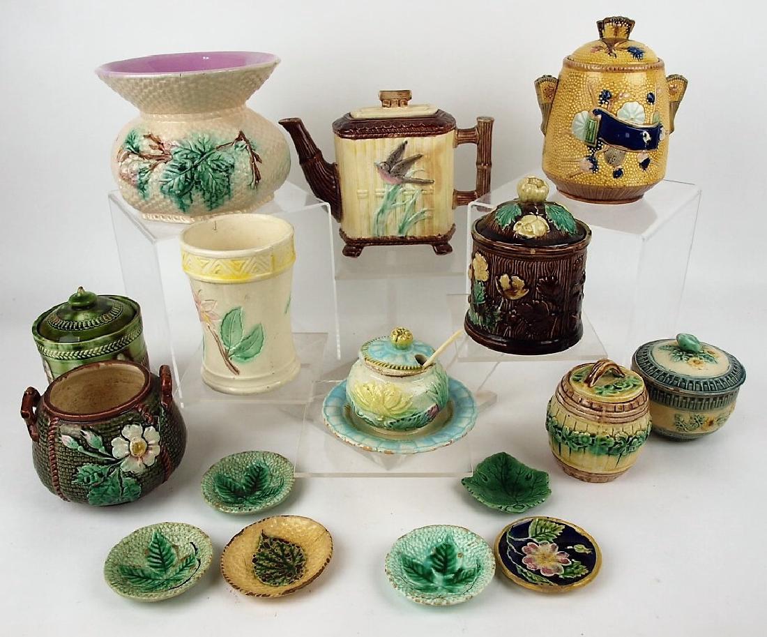 Majolica lot of 16 assorted items: spittoon, teapot, (1 of 1)