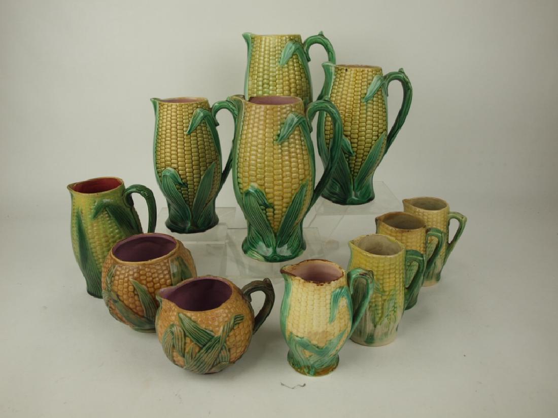 Majolica lot of 11 corn pitchers & sugar, various (1 of 1)