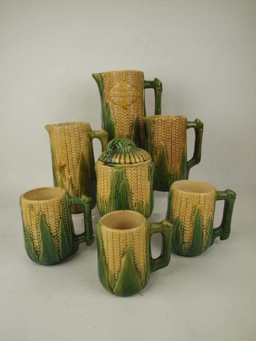 Majolica lot of 7 corn pitchers, jars, & mugs various (1 of 1)