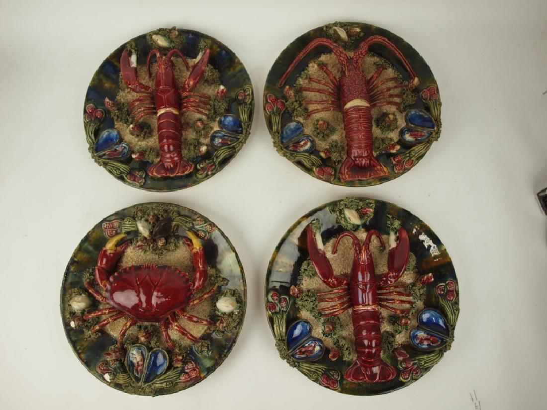 Majolica lot of 4 contemporary Palissy plaques:: Majolica lot of 4 contemporary Palissy plaques: 3-lobster, 1-crab (chip) 3-lobster, 1-crab (chip)