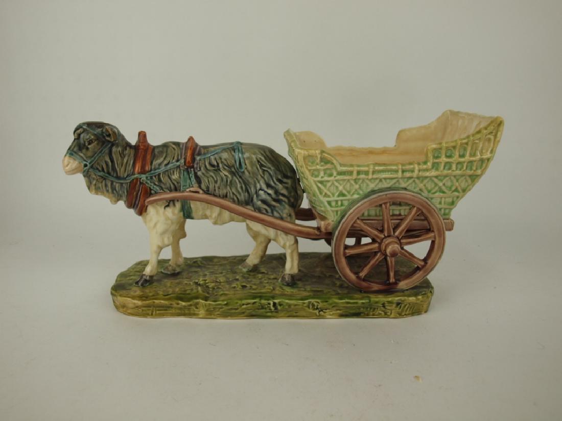 Continental Majolica goat and cart, minor wear,: Continental Majolica goat and cart, minor wear, hairline to cart, 13 1/2" l, 6 1/2" h hairline to cart, 13 1/2" l, 6 1/2" h