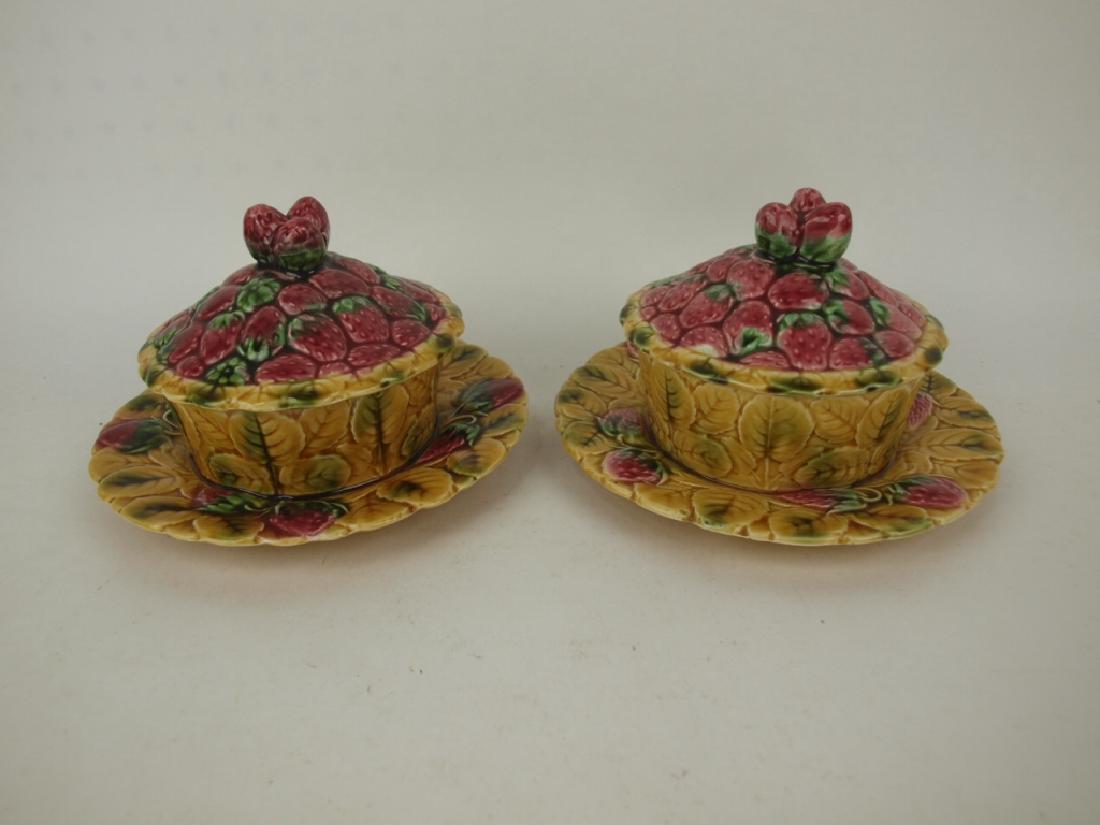 Sarreguemines Majolica pair of strawberry butter dishes: Sarreguemines Majolica pair of strawberry butter dishes dishes