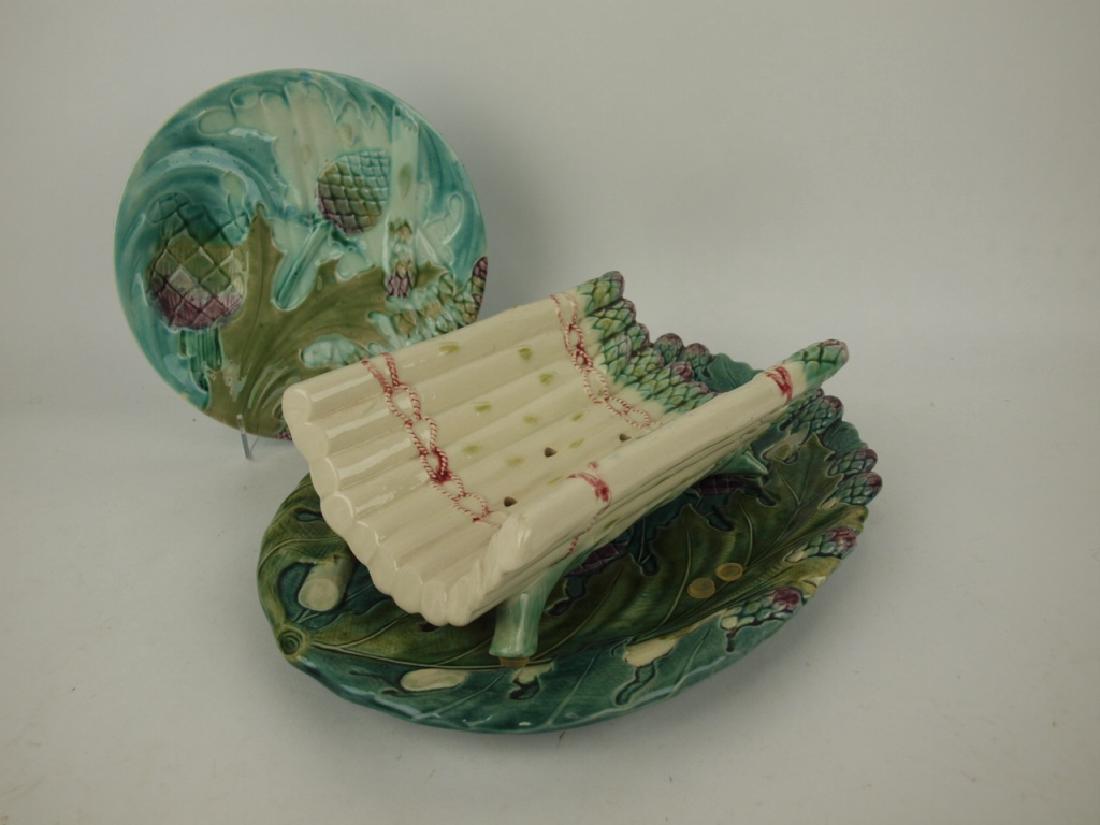 French Majolica asparagus platter & cradle with: French Majolica asparagus platter & cradle with majolica matching plate