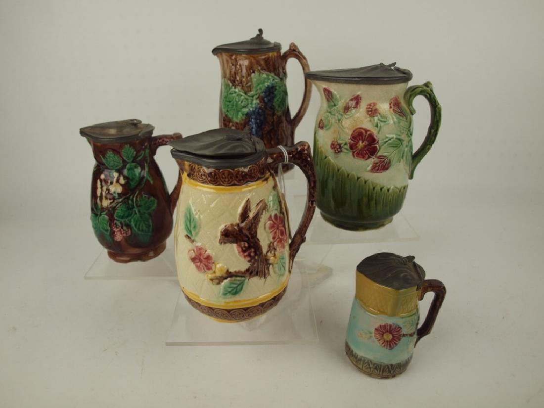 Majolica lot of 5 pewter top syrup pitchers, various (1 of 1)