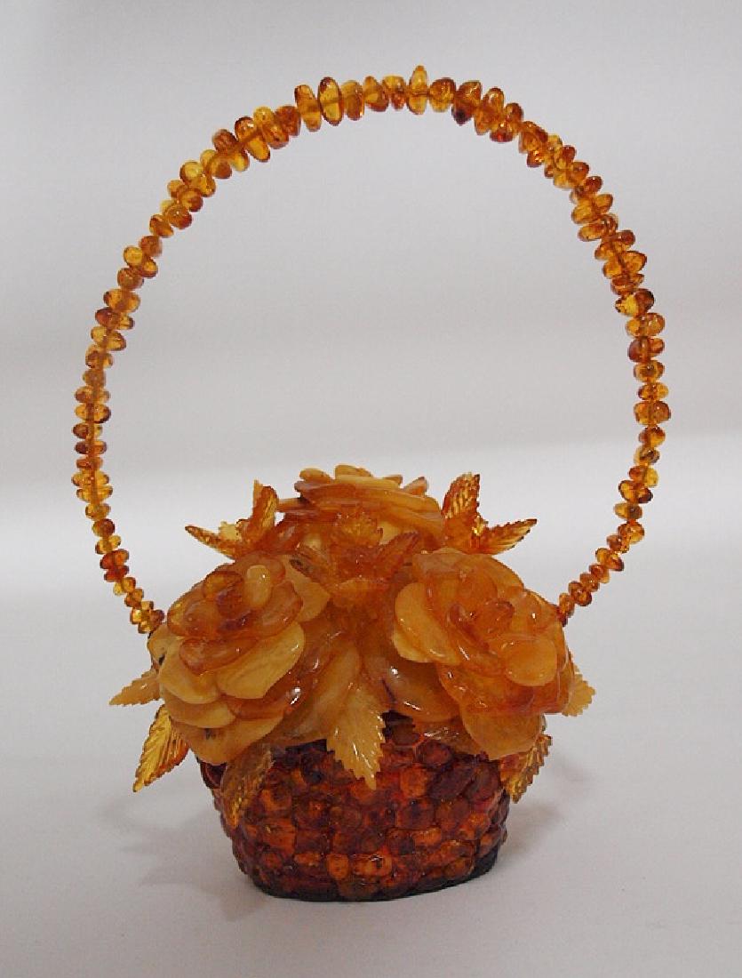 Amber basket of flowers with amber beaded handle, 8" (1 of 2)