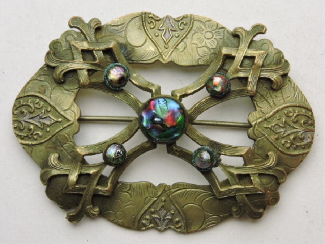 Brass embossed brooch with MOP colored settings (1 of 1)