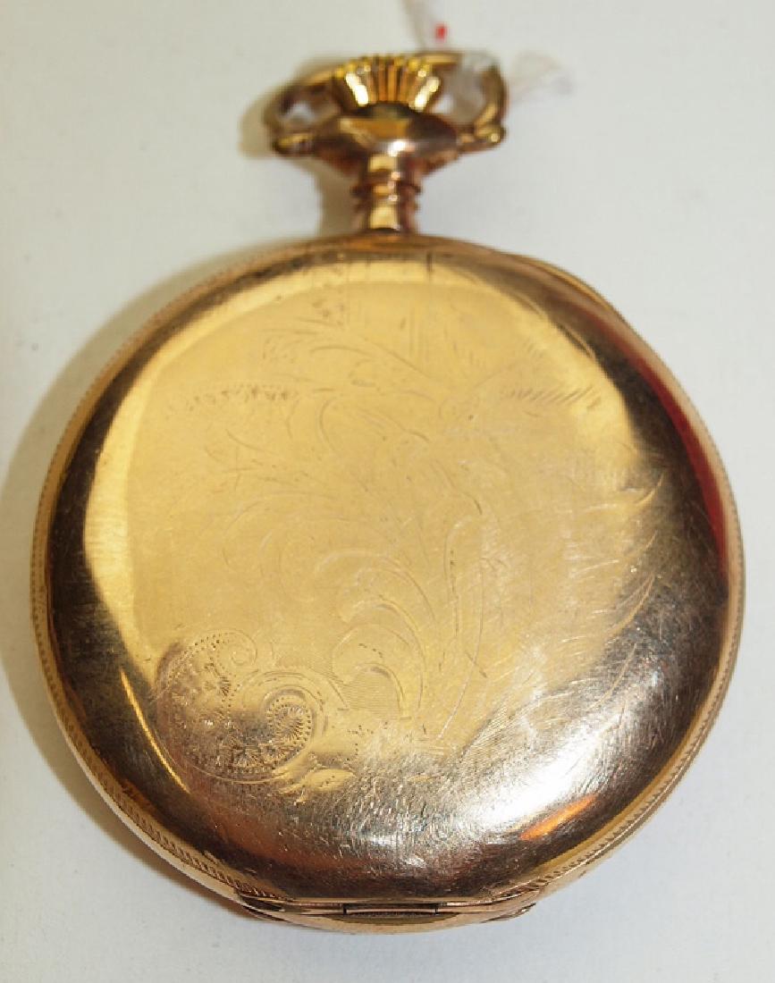 Rockford 16s, 15j, gold filled hunters case pocket: Rockford 16s, 15j, gold filled hunters case pocket watch with gold inlaid and coblat blue numbers on face, runs