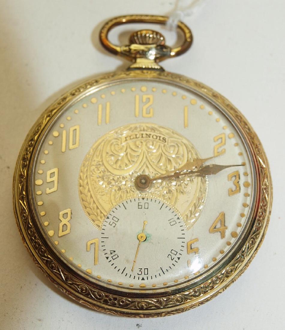 Illinois 19j, 12s, o.f. pocket watch with gold inlaid: Illinois 19j, 12s, o.f. pocket watch with gold inlaid face, runs