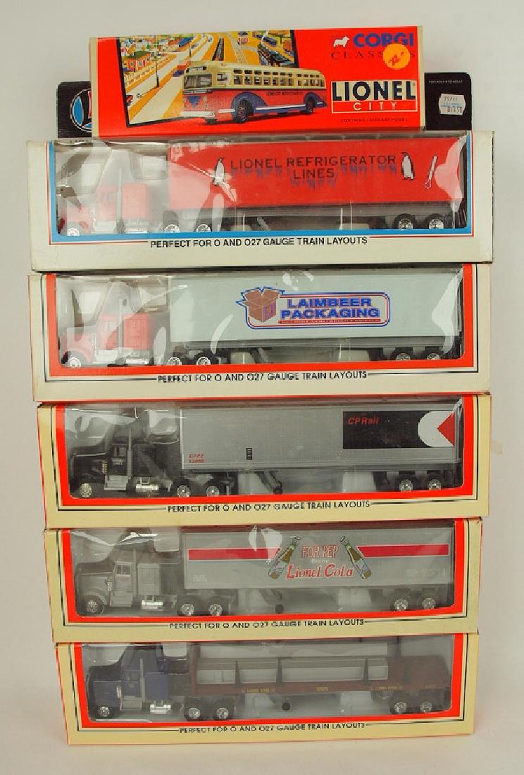 Lionel lot of 5 die cast semi trucks and bus: Lionel lot of 5 die cast semi trucks and bus