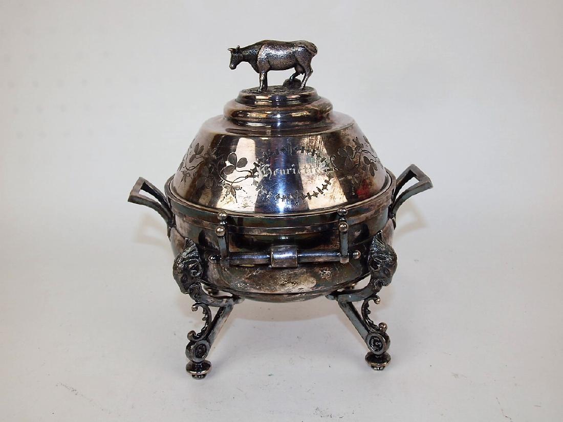 Silver plate footed butter dish with cow finial (1 of 1)