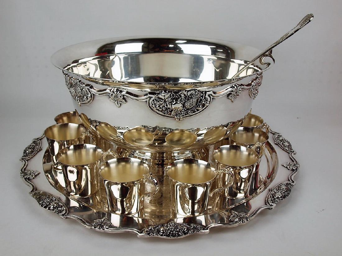 Large silver plate punch bowl 15" and tray 21", ladle, (1 of 1)