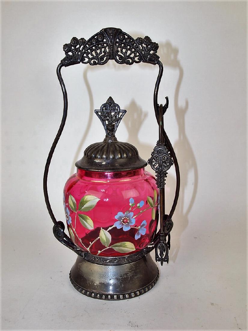 Cranberry enameled pickle castor with silver plate (1 of 1)