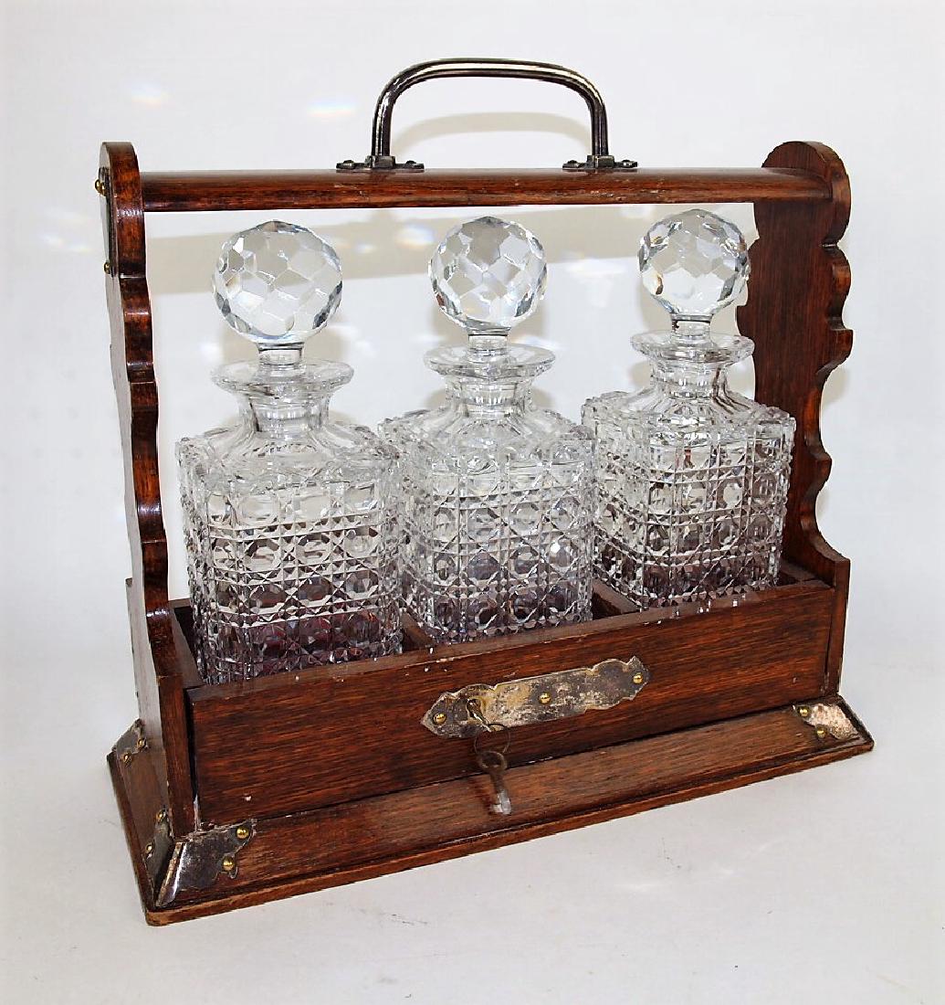 English oak 3 bottle Tantalus liquor bottle carrier (1 of 1)