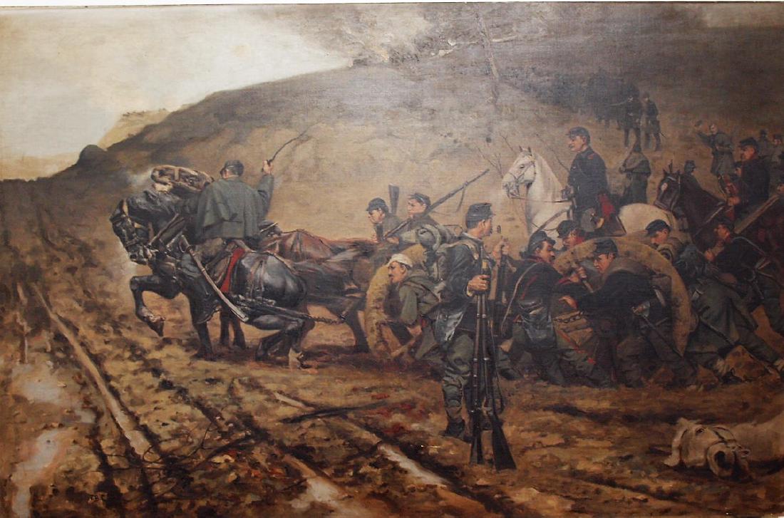 Civil War battlefield o/c painting with horses pulling: Civil War battlefield o/c painting with horses pulling canon through mud on battlefield and soldiers across the ridge, F.B. Coovy after Gilbert Gaul, excellent detail, 31" x 48" minor scratch