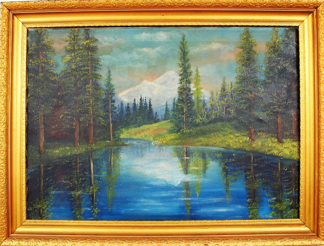 O/c painting, mountain landscape with lake and pine (1 of 2)
