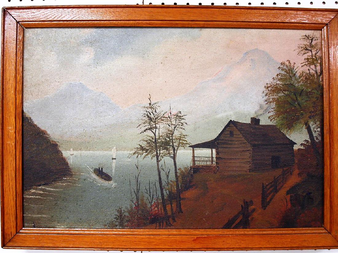 Primitive o/c painting with log cabin overlooking lake (1 of 1)