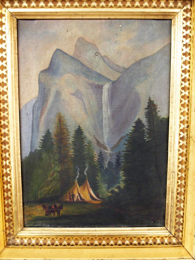 Primitive o/c painting of 2 teepees set up at camp at: Primitive o/c painting of 2 teepees set up at camp at base of mountains with people and two horses, 13 1/2" x 9 1/2"