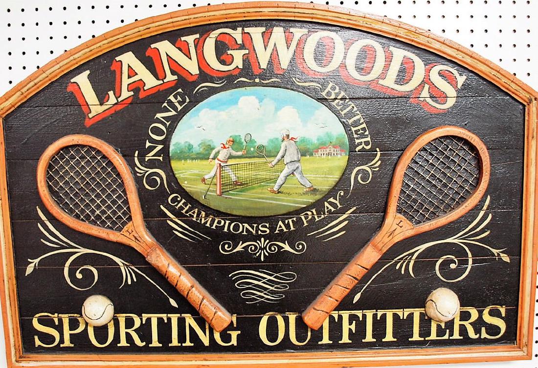 Langwoods Sporting Outfitters contemporary wooden: Langwoods Sporting Outfitters contemporary wooden advertising sign, 24" x 36", with tennis rackets