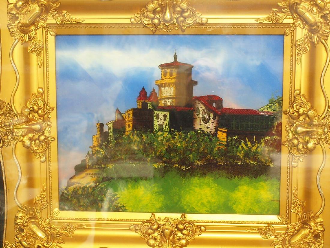 Reverse painting of Heidelberg Castle in gilt frame in: Reverse painting of Heidelberg Castle in gilt frame in shadow box, frame size 27"x31"