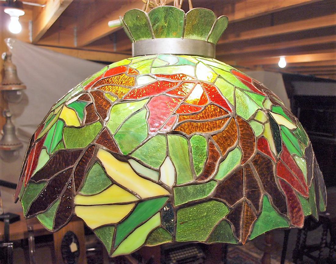 Leaded glass poinsetta hanging lamp, 22" (1 of 2)