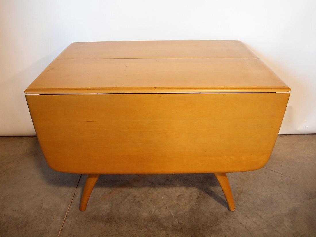 Heywood Wakefield mid century modern triple pedestal: Heywood Wakefield mid century modern triple pedestal (whale bones) drop leaf dining table with 2 leaves, RARE Tampeco color, original markings underneath, 40"w