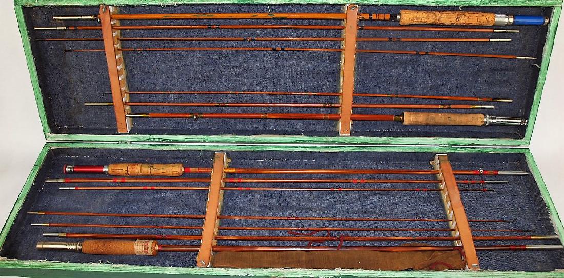 Lot of 4 bamboo fishing rods in wooden paint case, 2 (1 of 2)
