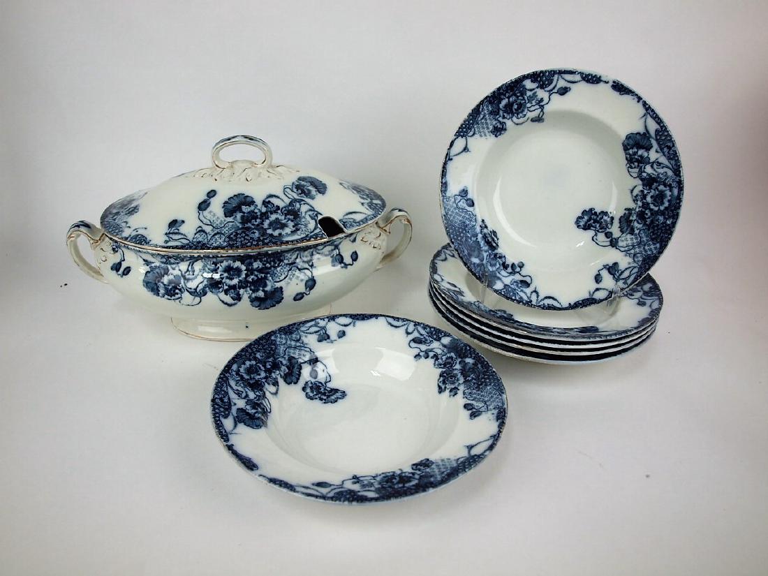 Flow Blue Savoy large soup tureen and 6 wide rim soup (1 of 1)