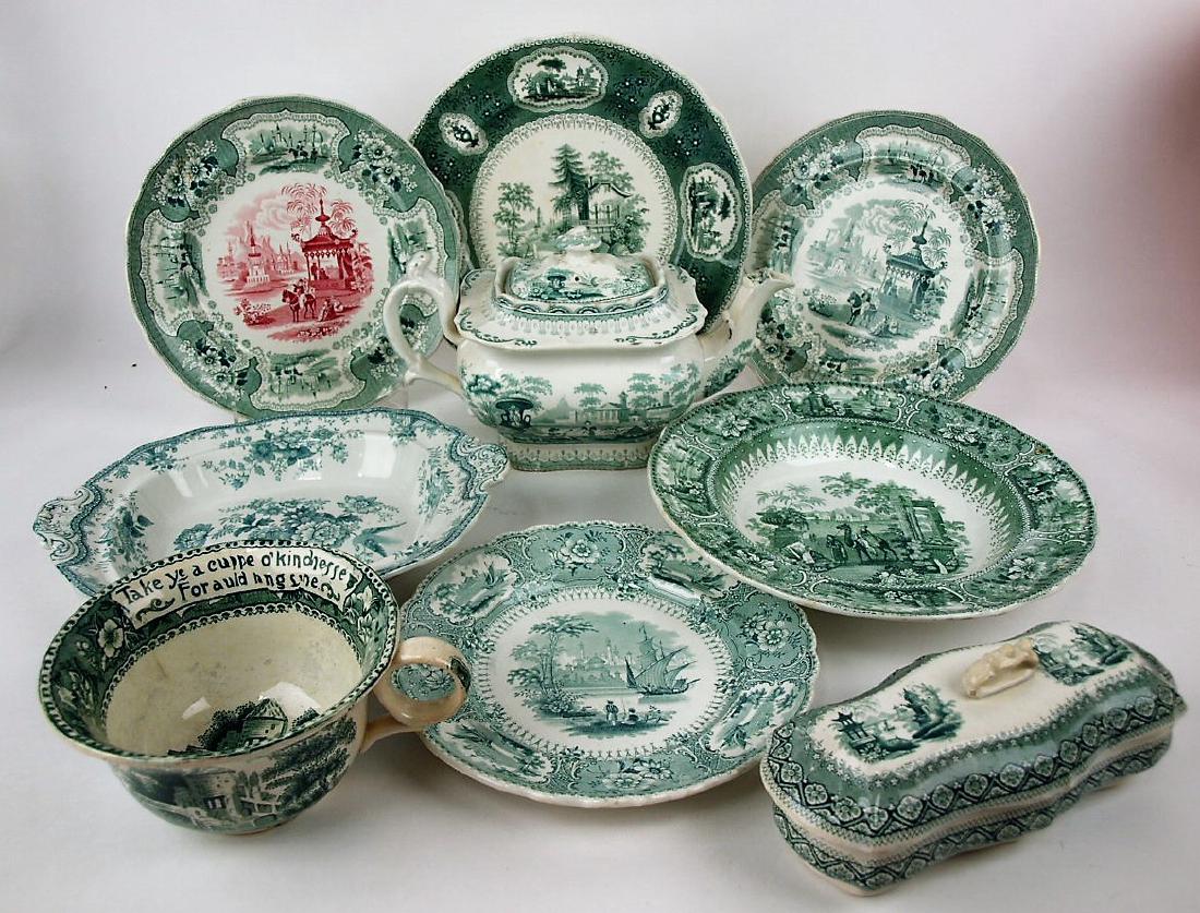 Green transferware lot of 9 assorted pieces (1 of 1)