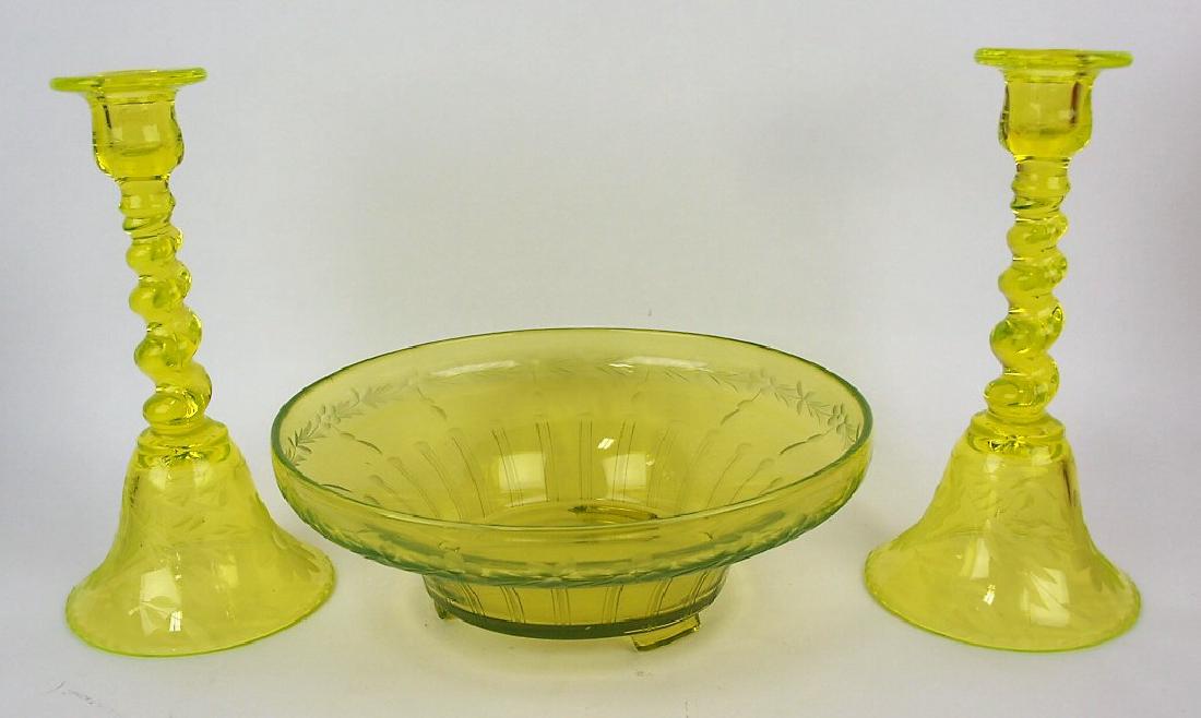 Vaseline glass 3 piece console set (1 of 1)