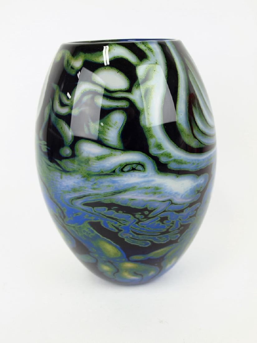 John Ford Graal heavy art glass vase with wolf's head,: John Ford Graal heavy art glass vase with wolf's head, face, and swirls, 9", signed (519)head, face, and swirls, 9", signed (519)