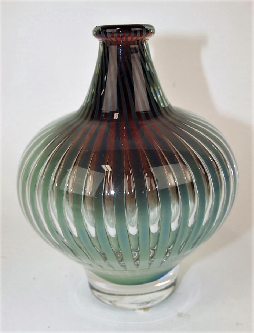 Studio art glass vase green & clear vertical stripes to (1 of 2)